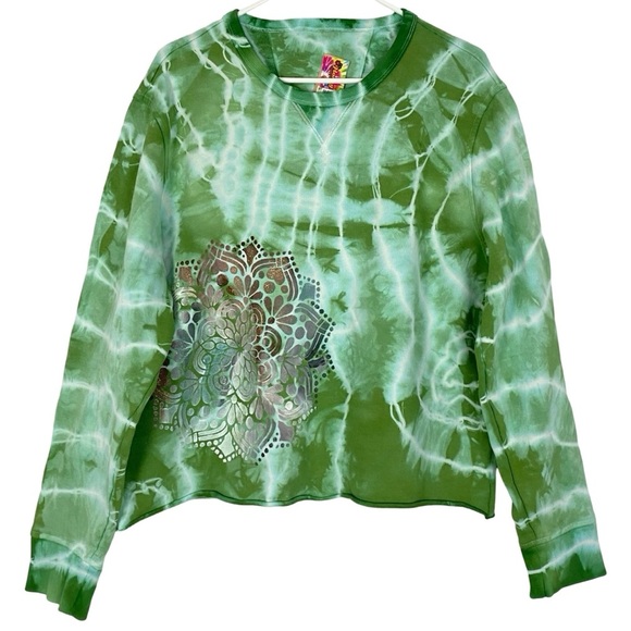 Handmade Tie Dye Sweatshirt Pullover Womens XL Green Hand Painted Floral Mandala - Picture 1 of 12